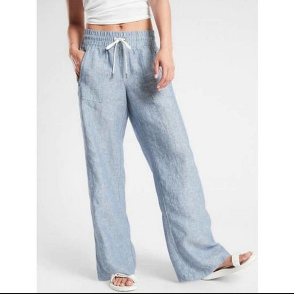 Athleta Cabo Linen Wide Leg Pant Chambray Blue Drawstring Waist Size 4